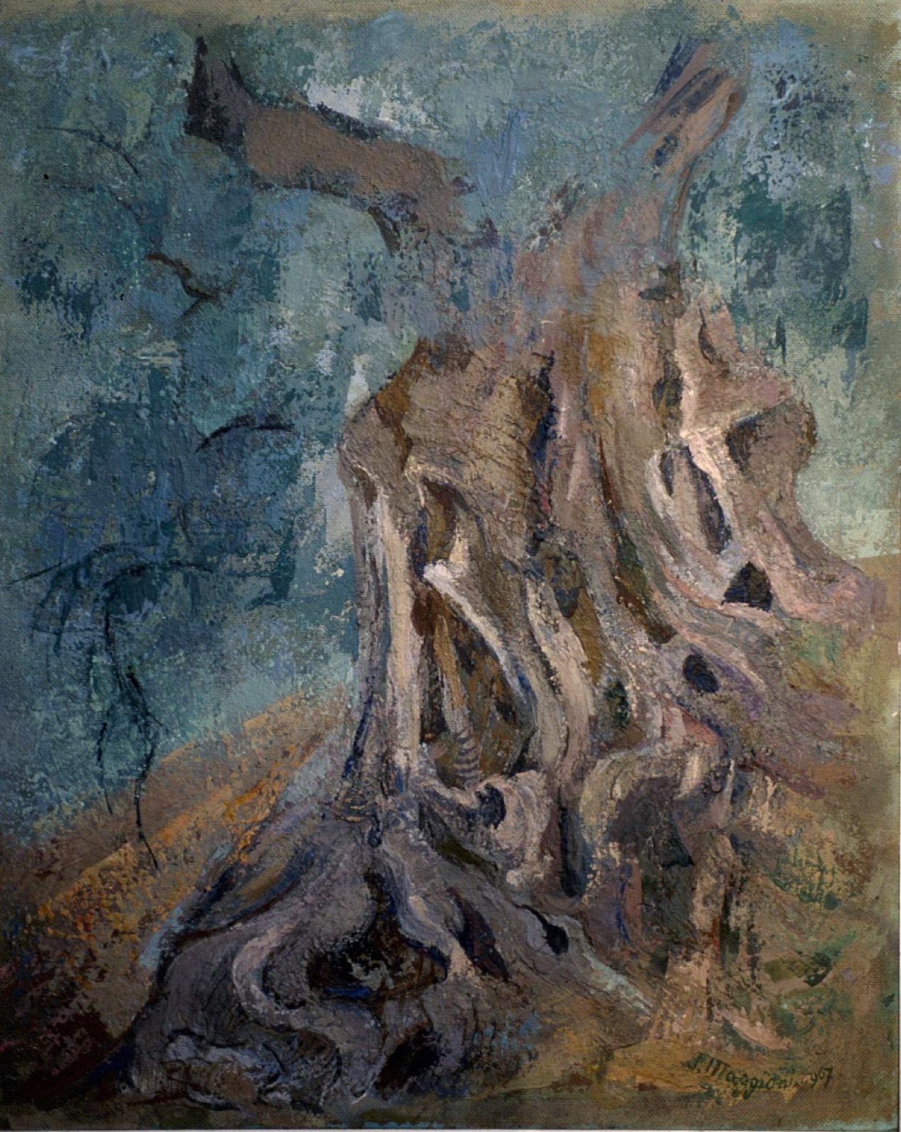 Ulivo millenario di Grecia, 1967, olio su masonite, opera di Silvia Zucchinetti Maggioni